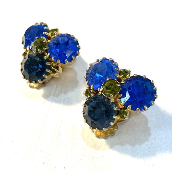 Vintage clip on earrings retro mid century blue & green rhinestones goldtone - Picture 2 of 6